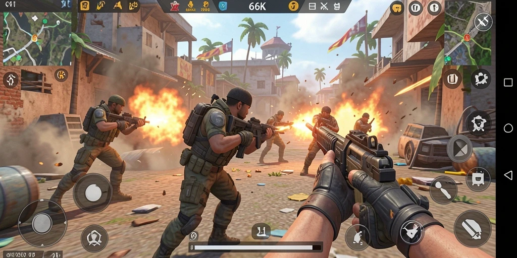 Screenshot gameplay 66K yang menampilkan aksi menembak yang seru.