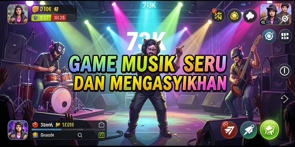 Screenshot gameplay 73K dengan tampilan menarik dan interaksi musik.