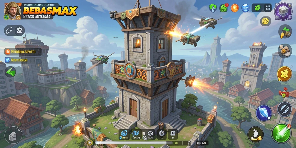 Tangkapan layar utama BEBASMAX menampilkan aksi gameplay Tower Defense yang intens.