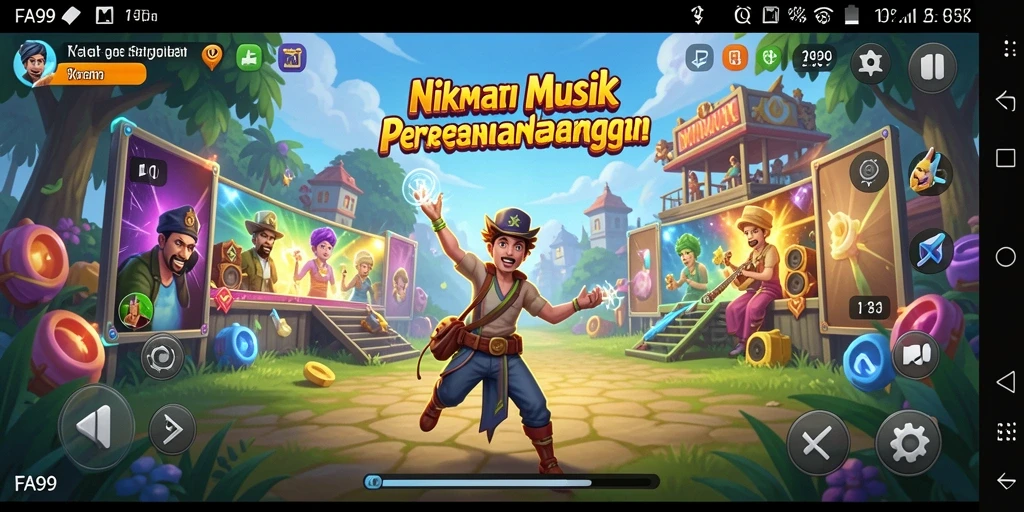Screenshot FA99 menampilkan gameplay seru dengan musik interaktif.