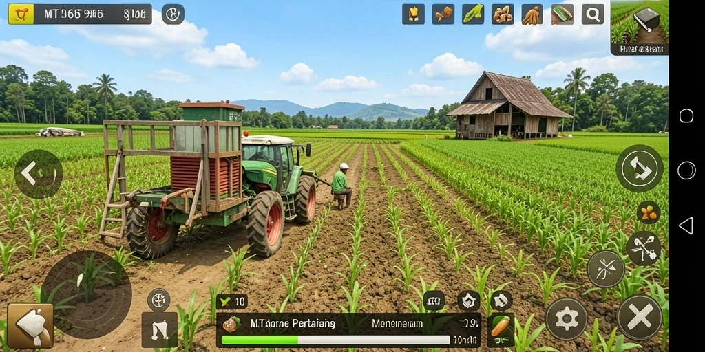 Screenshot utama MT966 menampilkan gameplay pertanian yang seru dan interaktif.