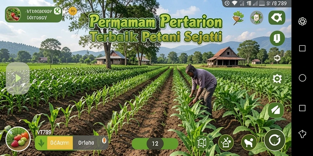 Screenshot gameplay VT789 yang menunjukkan aktivitas bertani dan panen.