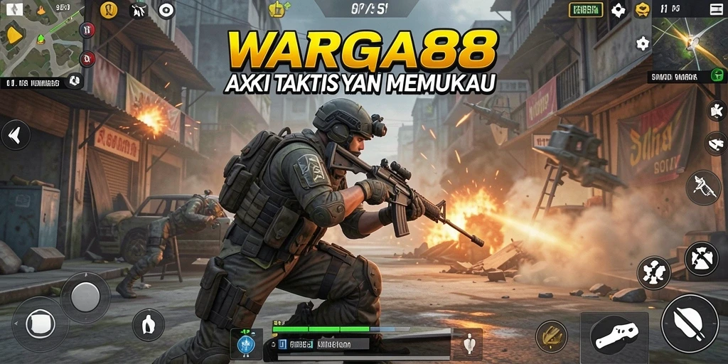 Tangkapan layar utama dari WARGA88 menampilkan aksi intens di tengah pertempuran.