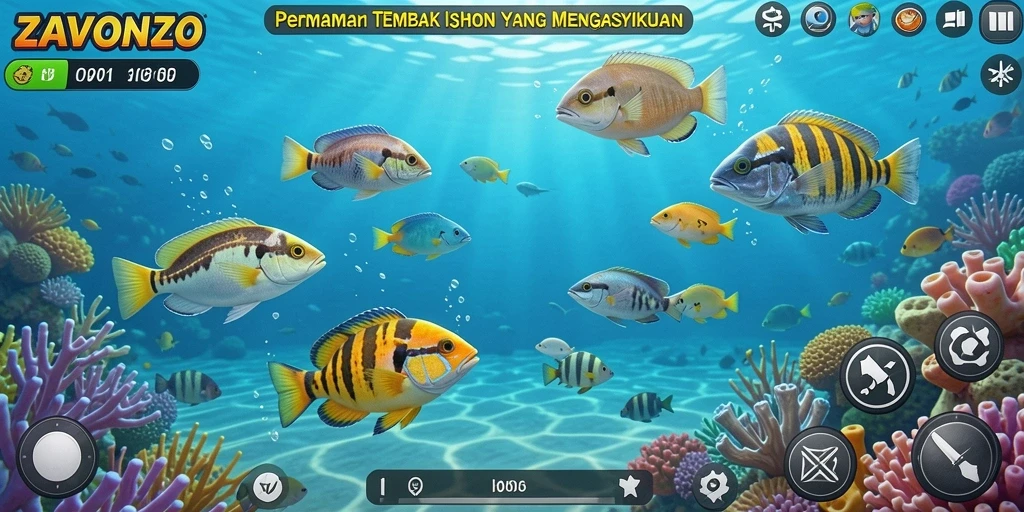 Tampilan gameplay seru ZAVONZO saat menembak ikan.